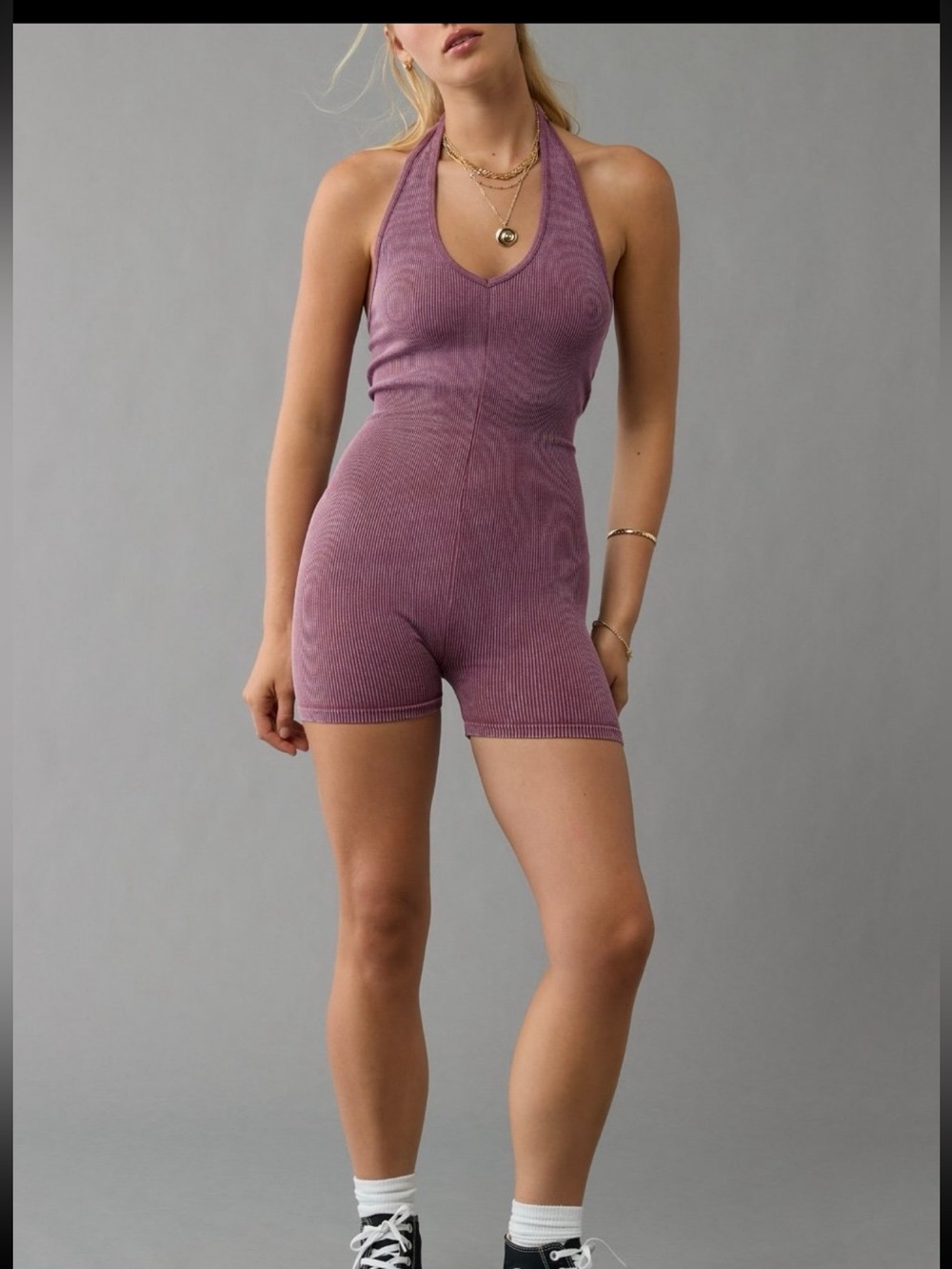 American Eagle Outfitters Mauve Ribbed Halter Romper